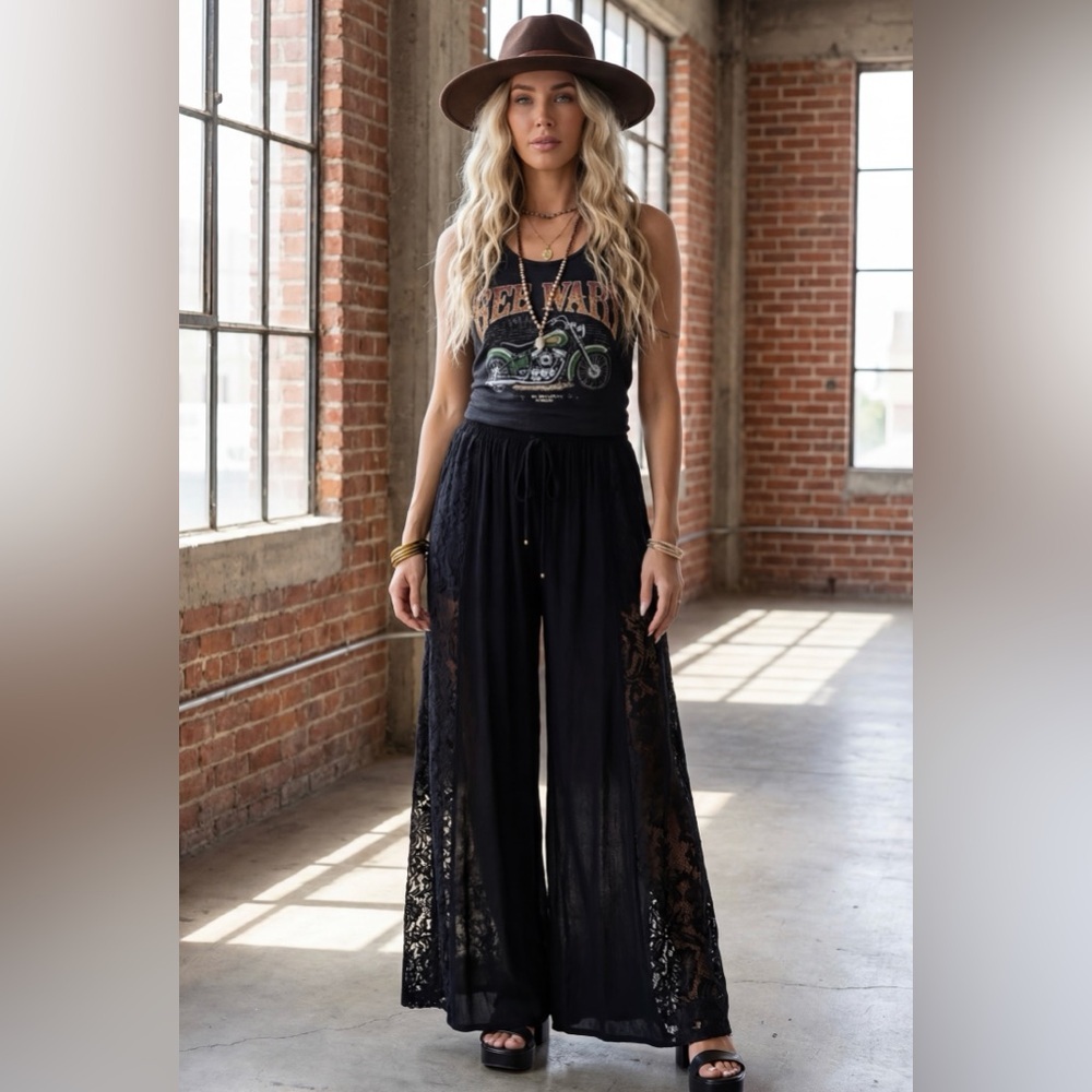 NWT Angie Boho Gypsy Soul Wide Leg Lace Panel Flare Festival Casual Pants Black - Picture 2 of 6